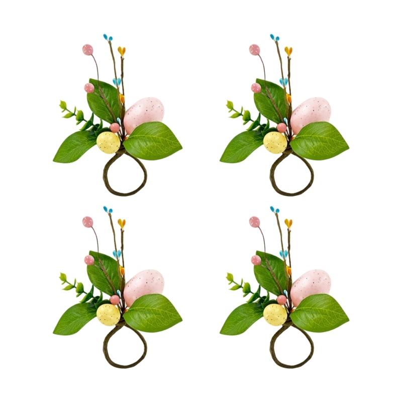 Easter Themed Simulated Green Grass Napkin Rings With Silk Leaf And Colorful Eggs For Festival Table Decoration