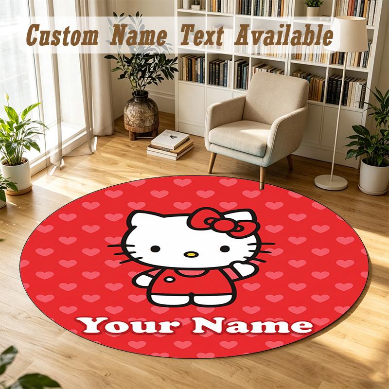 Hello Kitty Personalized Round Rug Support Custom Name, Soft Home Decor Mat