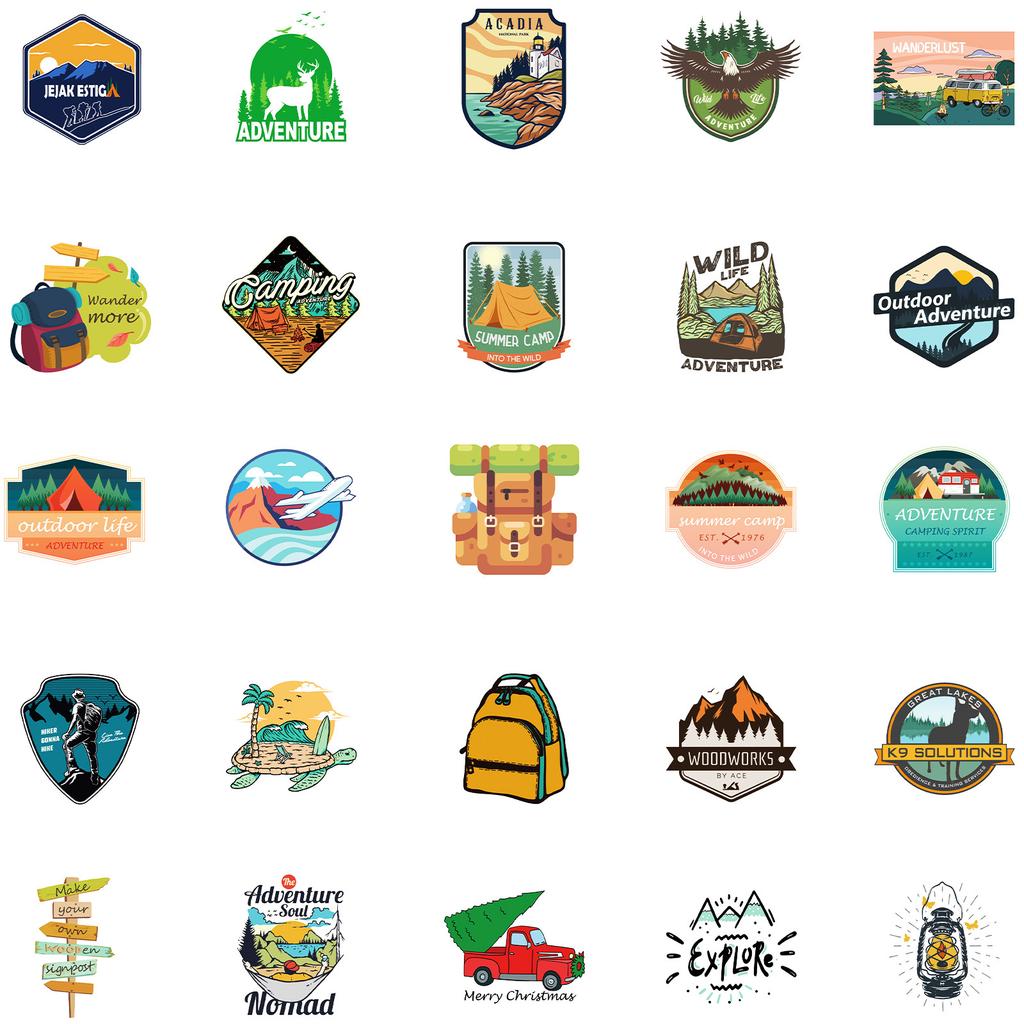 50 Sheets Of Outdoor Camping Theme Pp Waterproof Decorative Stickers Diy Mobile Phone Case Luggage Refrigerator