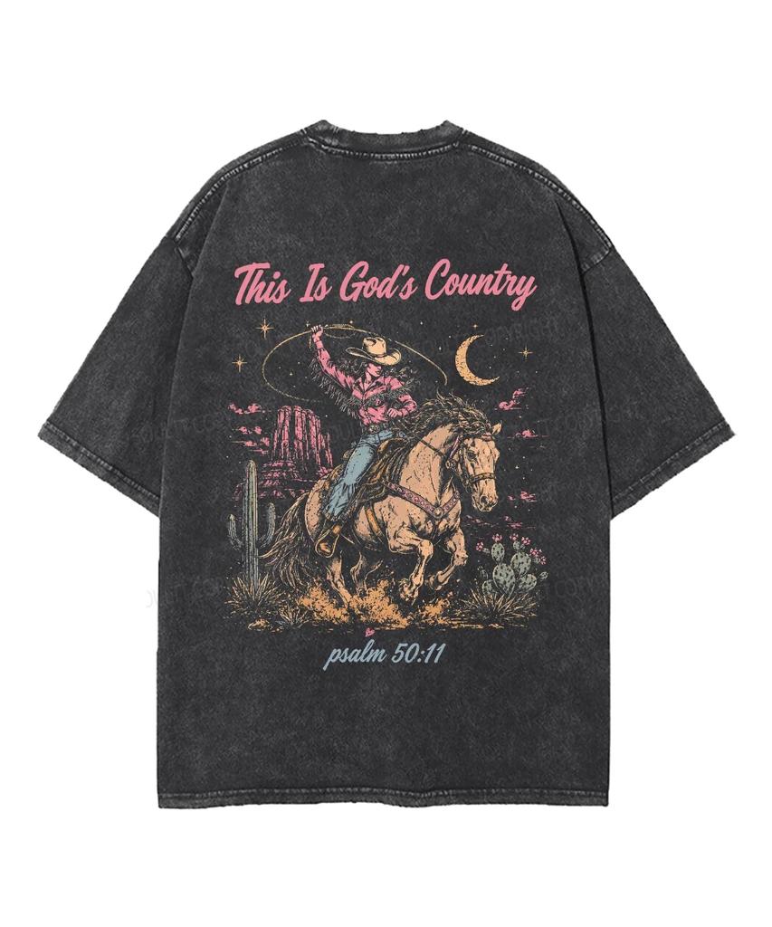Vintage Western Cowgirl Horse Desert Moon Bible Verse Graphic Vintage Washed T Shirt Men Women Oversized Short Sleeve Tee Casual