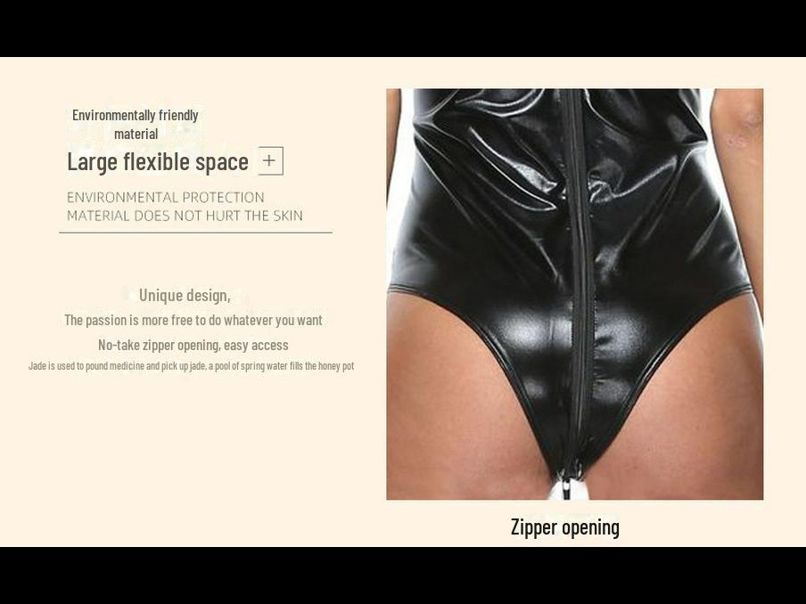 Глянцевый черный лакированный кожаный облегающий треугольный комбинезон