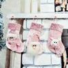 3-Piece Classic Small Pink Christmas Stocking Decoration Set, Featuring Santa Claus, Snowman And Reindeer, Fireplace ornament.
