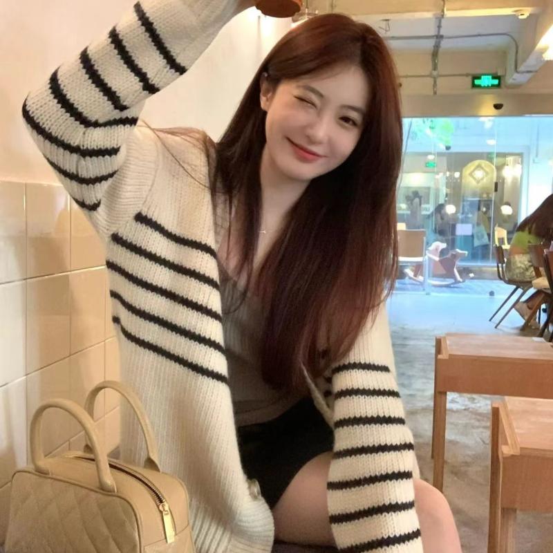 Модный длинный рукав V-образный вырез полосатый вязаный кардиган женский пальто осень и зима свободные женские кардиганы куртка топы элегантный мягкий теплый трикотаж 24826