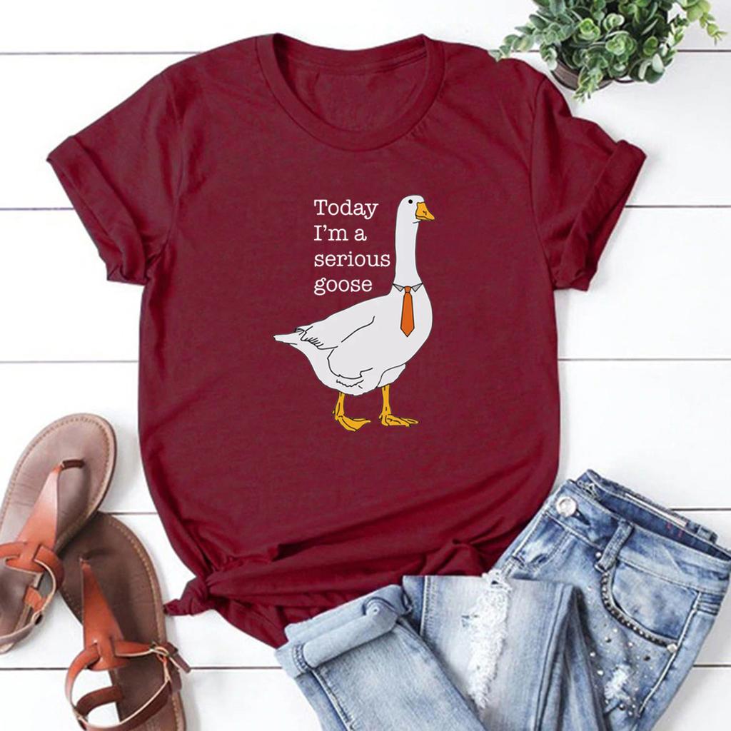 Summer Round Neck 3D Today I Am A Serious Goose Print Top Fashionable Casual Short Sleeved Women's T-shirts