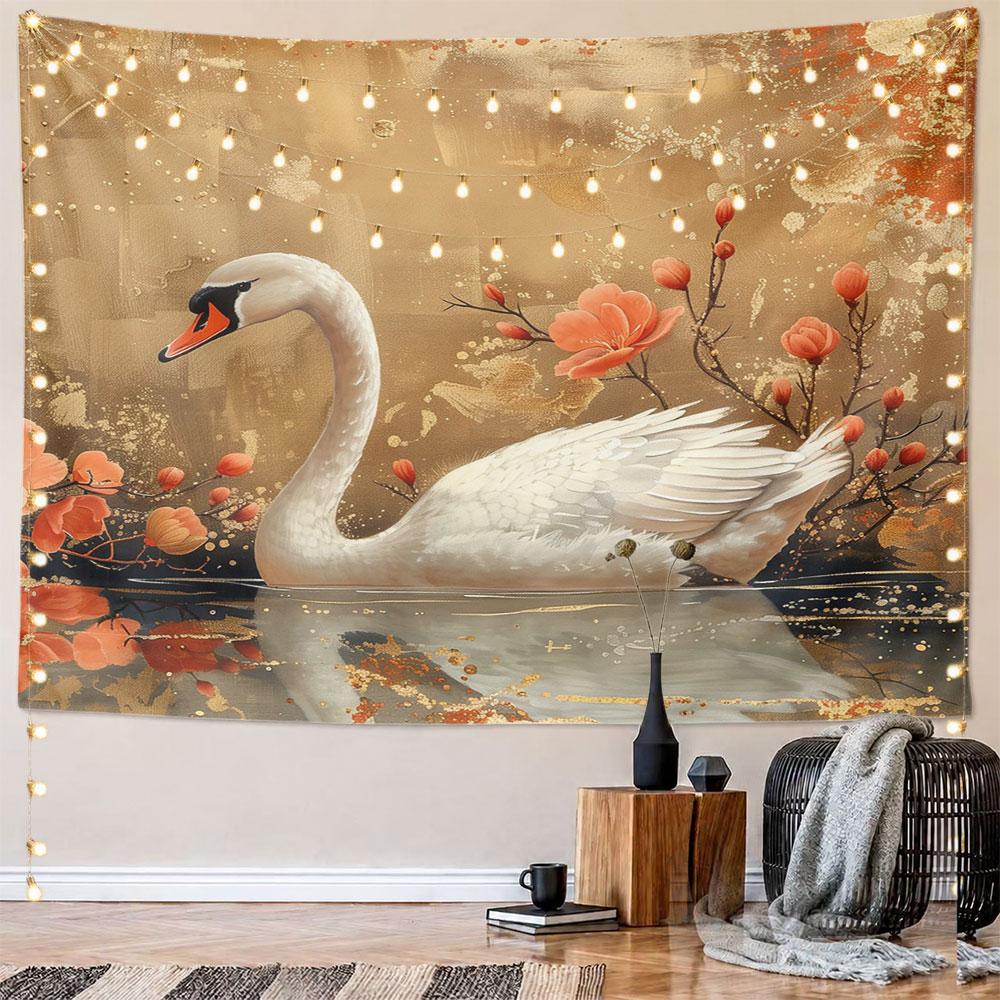 Elegant Swan with Blooming Flowers Pattern Wall Hanging Tapestry Decorative Tapestry Home Decor for Bedroom and Living Room