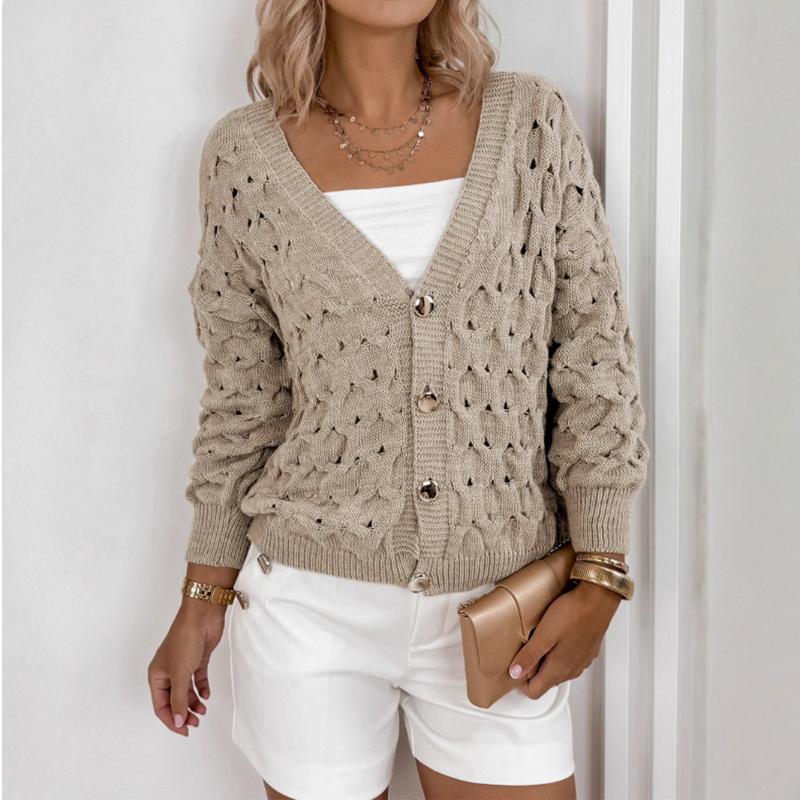Новый вязаный кардиган 2025 года, свободный, тонкий, с ажурной вязкой, V-образным вырезом, длинными рукавами, куртка для женщин