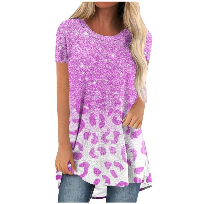 Womens Casual Short Sleeve T-Shirt With Starry Sky Digital Print Loose Fit Long Length Top 2025