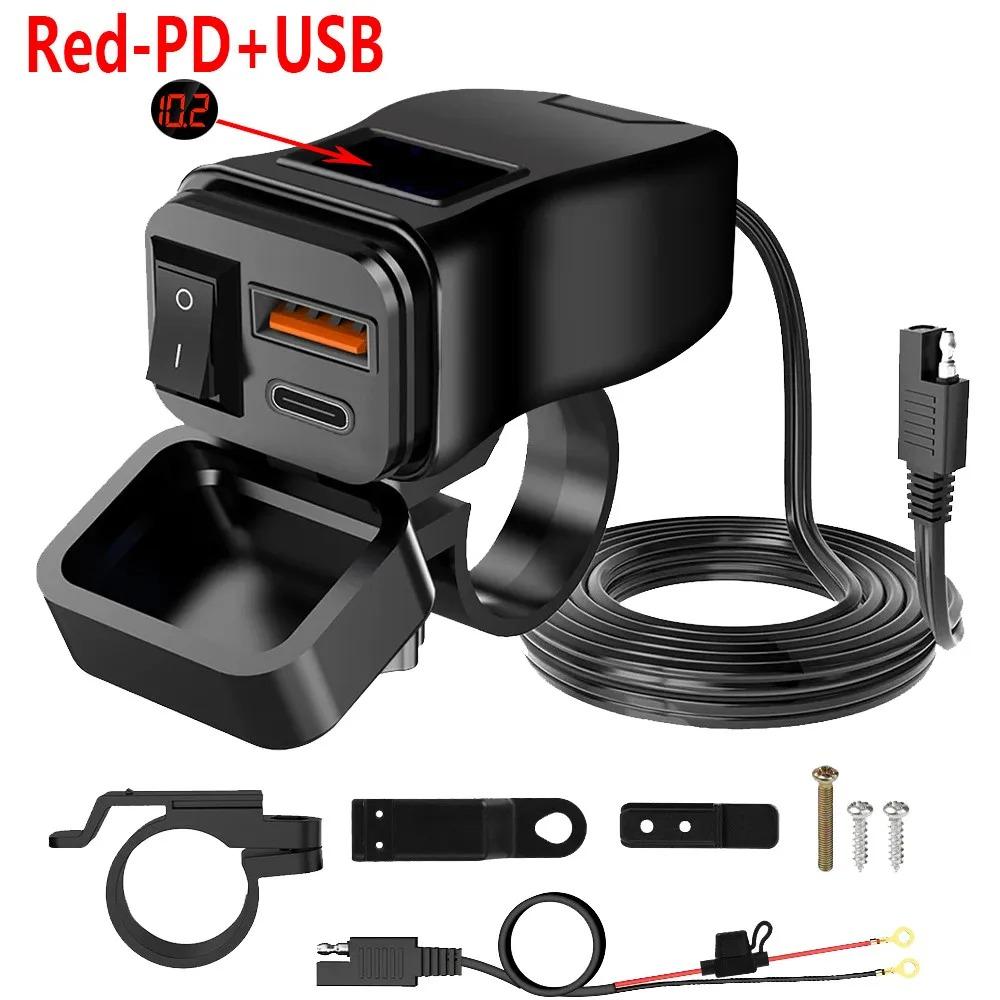 PD+QC3.0 USB-зарядное устройство для мотоцикла, быстрое зарядное устройство, 60 Вт, руль, два разъема USB с переключателем, вольтметром, водонепроницаемый адаптер питания 12 В