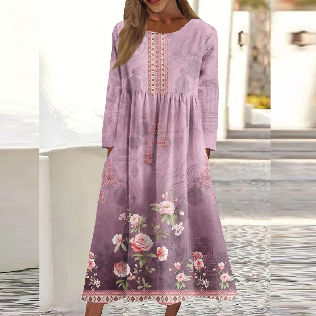 Женское повседневное платье средней длины с круглым вырезом и принтом, карманное платье с длинными рукавами