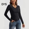 Women Bottoming Shirt Cotton Long Sleeve V-Neck Slim Fit T-shirt Stretchy Solid Color Thin Top for Daily Wear Dating Work