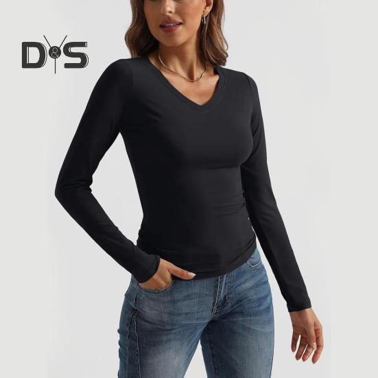 Women Bottoming Shirt Cotton Long Sleeve V-Neck Slim Fit T-shirt Stretchy Solid Color Thin Top for Daily Wear Dating Work