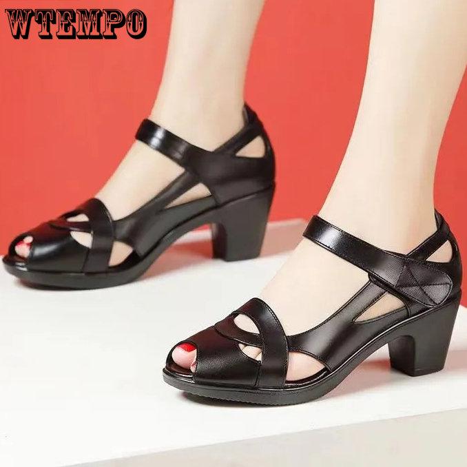 WTEMPO Женские сандалии из натуральной мягкой искусственной кожи, большие размеры, повседневная классная обувь на мягкой подошве, на толстом каблуке и среднем каблуке «рыбий рот»
