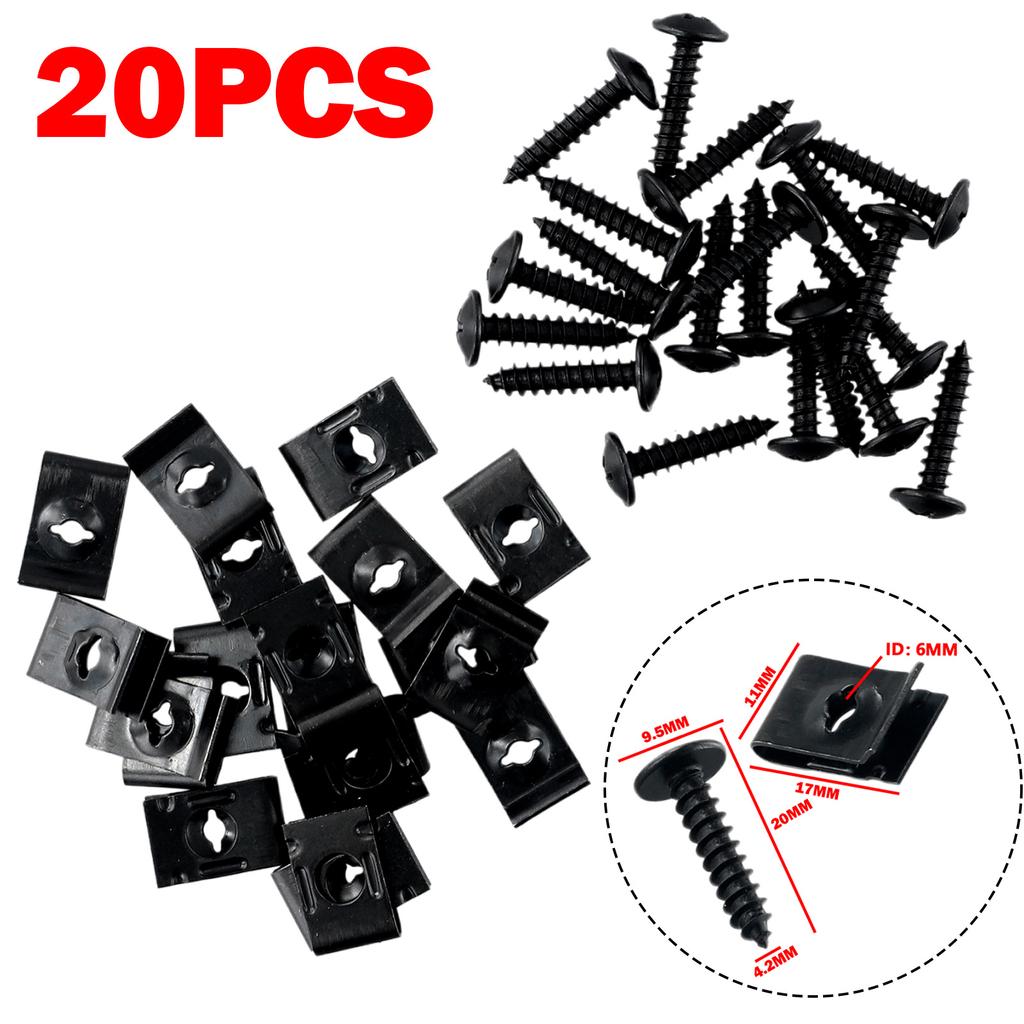 20pcs/Set Metal U-Type Clip With Screw Car Bumper Fender Trim Panel Fasteners Clips Screws For Fitting Side Skirts Bumpers Trim