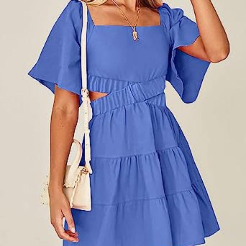 DAFIFY Женская мода на лето и весну, однотонное повседневное платье с коротким рукавом и квадратным воротником с высокой талией