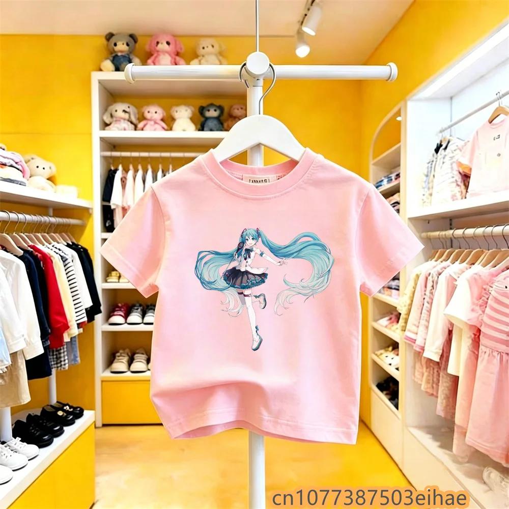 Hatsune Miku Anime Future Peripheral Pure Cotton COS Collaboration Printed Casual Tshirt Kawaii Daily Wear for Boys and Girls