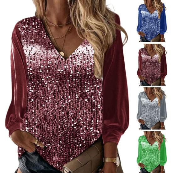 Осень-весна женский топ с блестящими пайетками и v-образным вырезом с длинными рукавами в стиле пэчворк, свободный пуловер, мягкий дышащий средней длины, женская рубашка, блузка