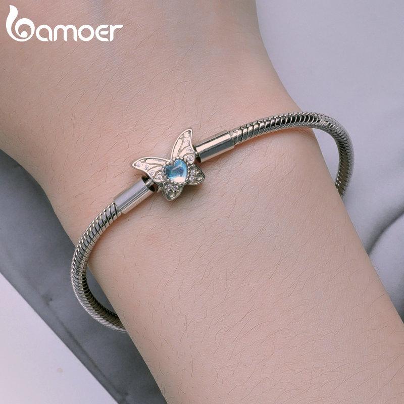 Bamoer Серебряный браслет 925 пробы с лунным камнем, бабочкой, змеей, базовый, с паве из кубического циркония для женщин, бусины и подвески, DIY, тонкие ювелирные изделия