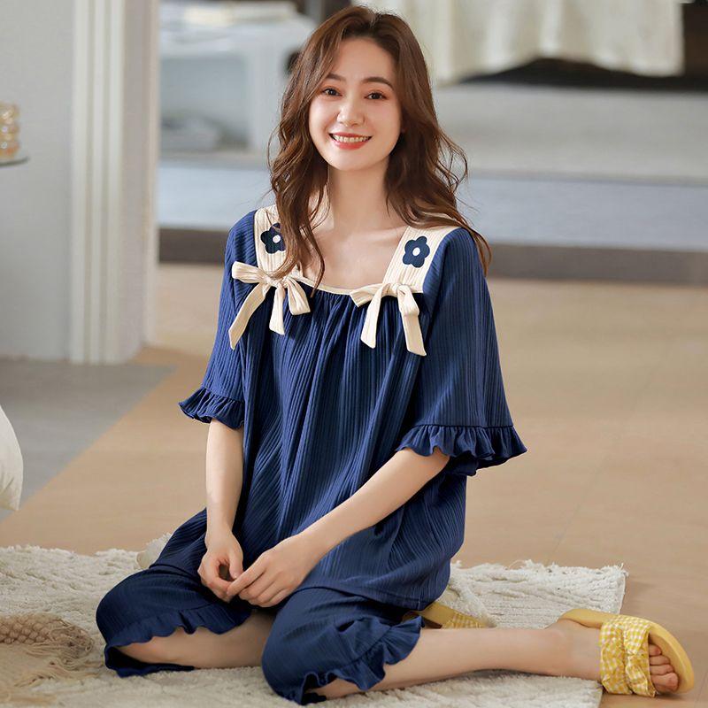 Capris Short Sleeved Pajamas for Women In Summer Cotton Cartoon Cute Casual Home Clothing Set
