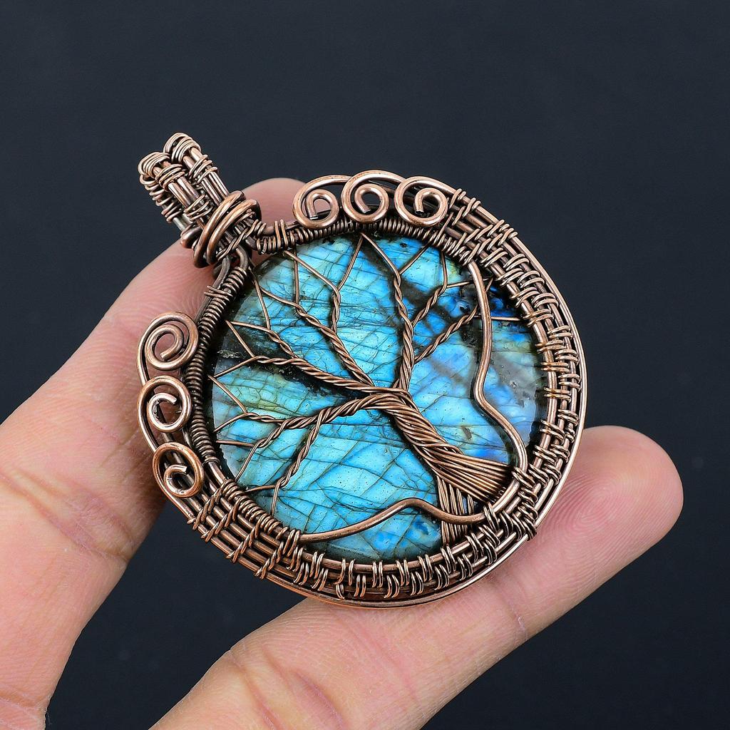 Labradorite Pendant, Handmade Gemstone 999 Copper Wire Wrapped Pendant Antique Jewelry, For Gift Silver Jewelry