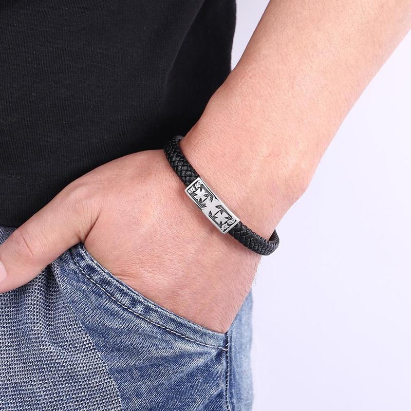 Мужской браслет в европейском ретро-стиле с крестообразным узором из нержавеющей стали, кожаный плетеный веревочный браслет, подарок
