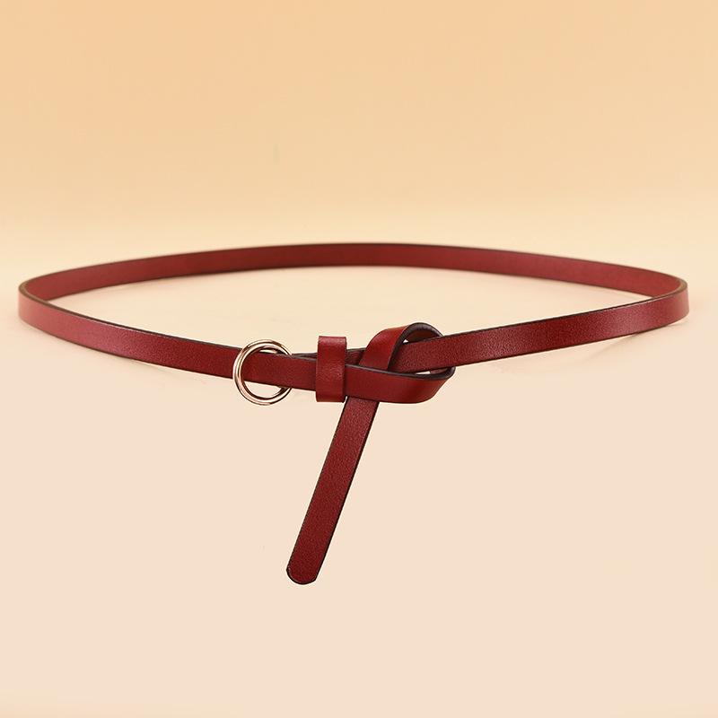 Simple Ring Knotted Thin Belt Women'S Leather Decorative Skirt Fashionable Cowhide Small Belt Red