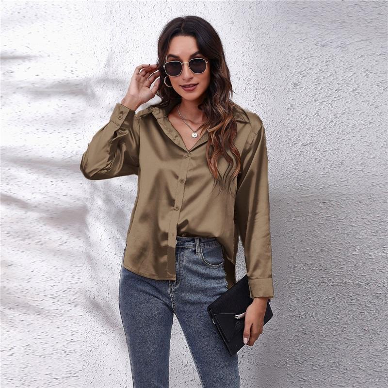 Women's Satin Blouse Long Sleeve V Neck Casual Button Down Shirt