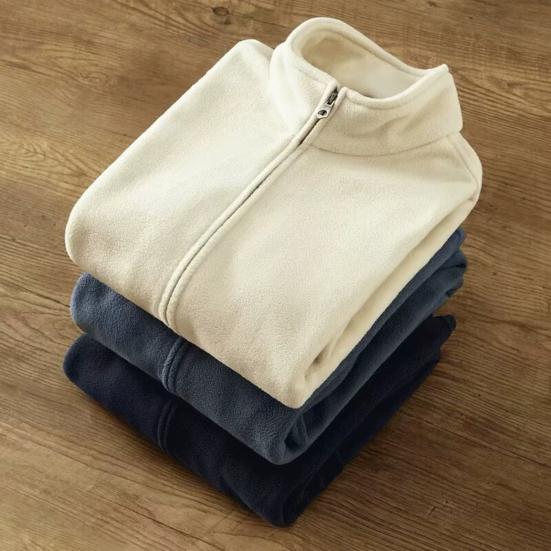 Men Outdoor Fleece Jacket Windbreaker Liner with Zip Thick Double-sided Long Sleeve Jacket Warm Solid Color Fall Winter Outwear for Sports Office