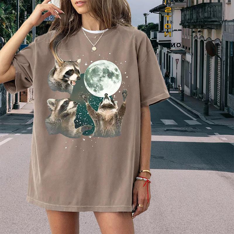 Модная женская футболка с милым принтом в виде енота и луны, забавная повседневная футболка с круглым вырезом и короткими рукавами, летняя женская футболка