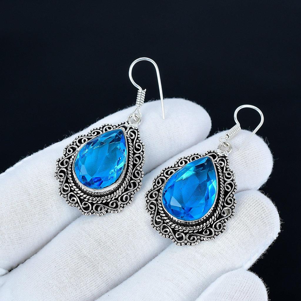 Beautiful Blue Topaz Gemstone Earrings, 925 Sterling Silver Earrings, Silver Earrings For Gift, Blue Topaz Dangle Drop Earrings For Christmas Gifts