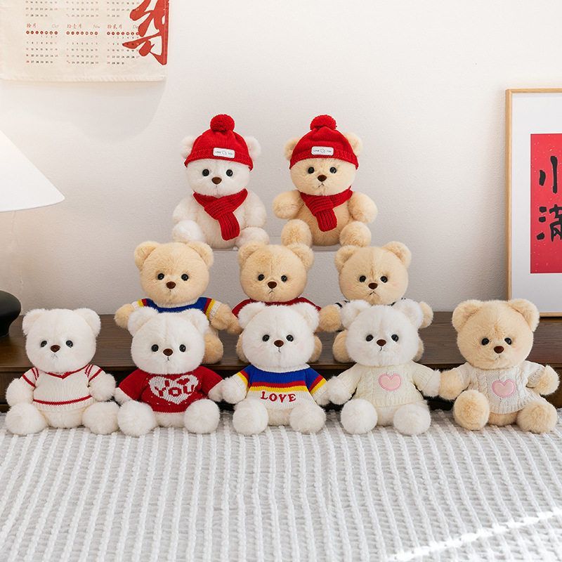 Wear Clothes Bear Cute Plushie With Red Scarf And Hat For Winter Gift Ideas