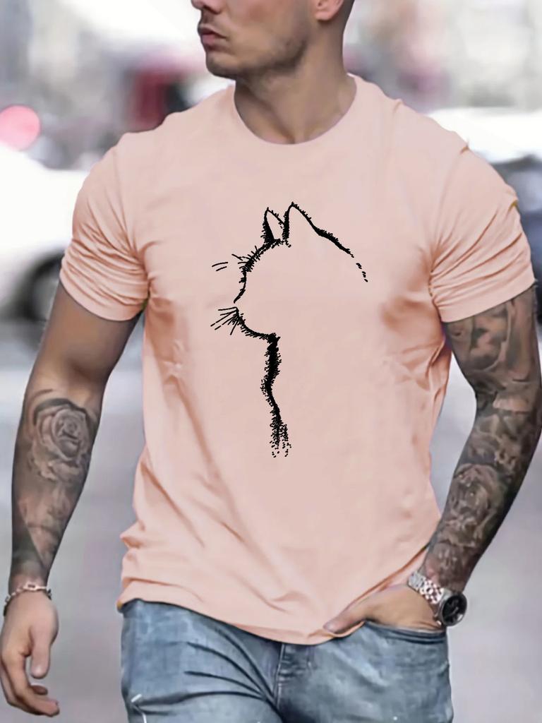 Men's 100% Pure Cotton Summer Loose Oversized Casual Comfortable Cat Pattern Printed Sports Round Neck Short Sleeved T-shirt Top