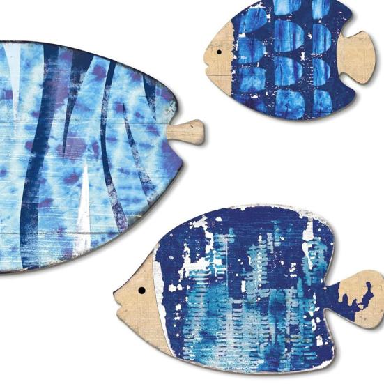 5Pcs/Set Wooden Fish Wall Decoration Farmhouse Rustic Nautical Blue Fish Wall Art Sculpture Home Living Room Bathroom Wall Decorative Sign