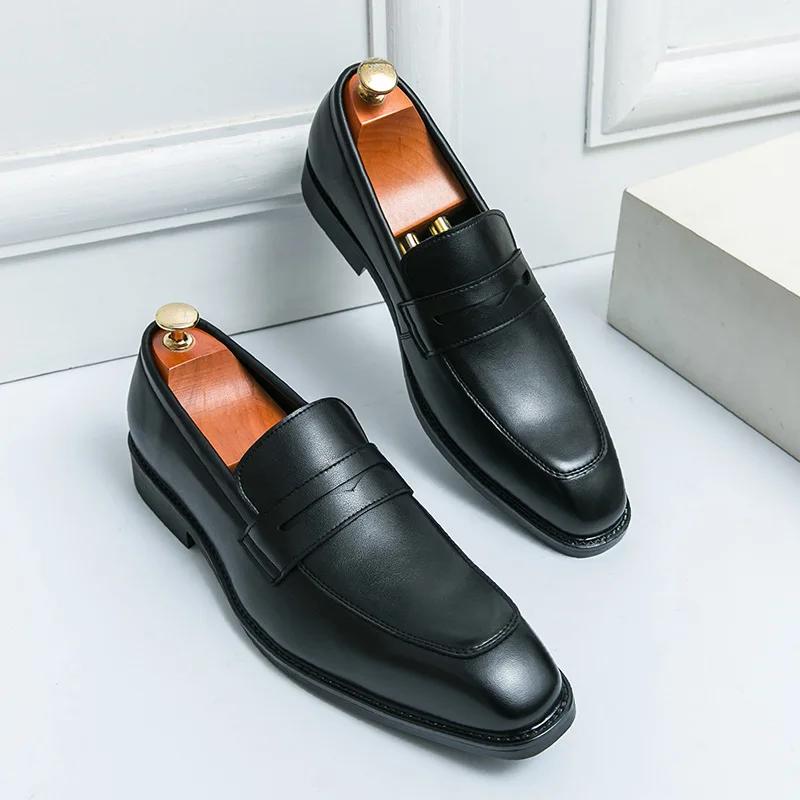 Fashion Penny Slip On Loafers Leather Men Shoes Simple Pointed Toe Dress Business Suit Casual Party Wedding Shoes For Man2024
