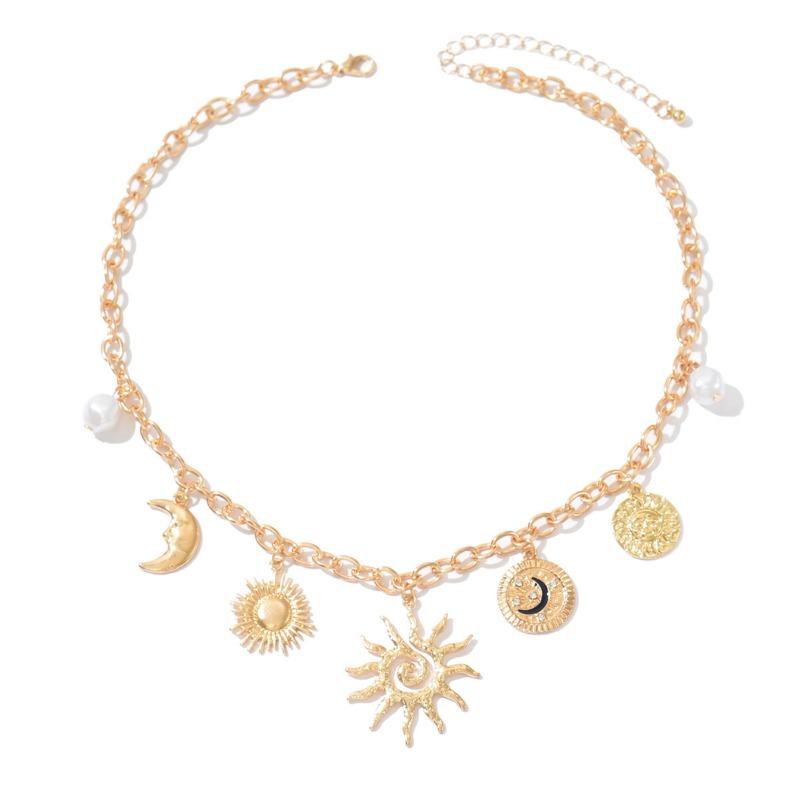 Sun Ray Necklace Vintage Alloy Accessories Spiral Personality Relief Portrait Moon Collarbone Chain Woman
