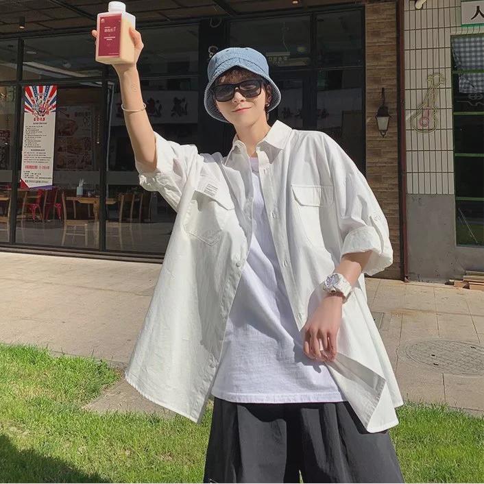 Мужская модная корейская летняя однотонная повседневная рубашка с рукавом три четверти