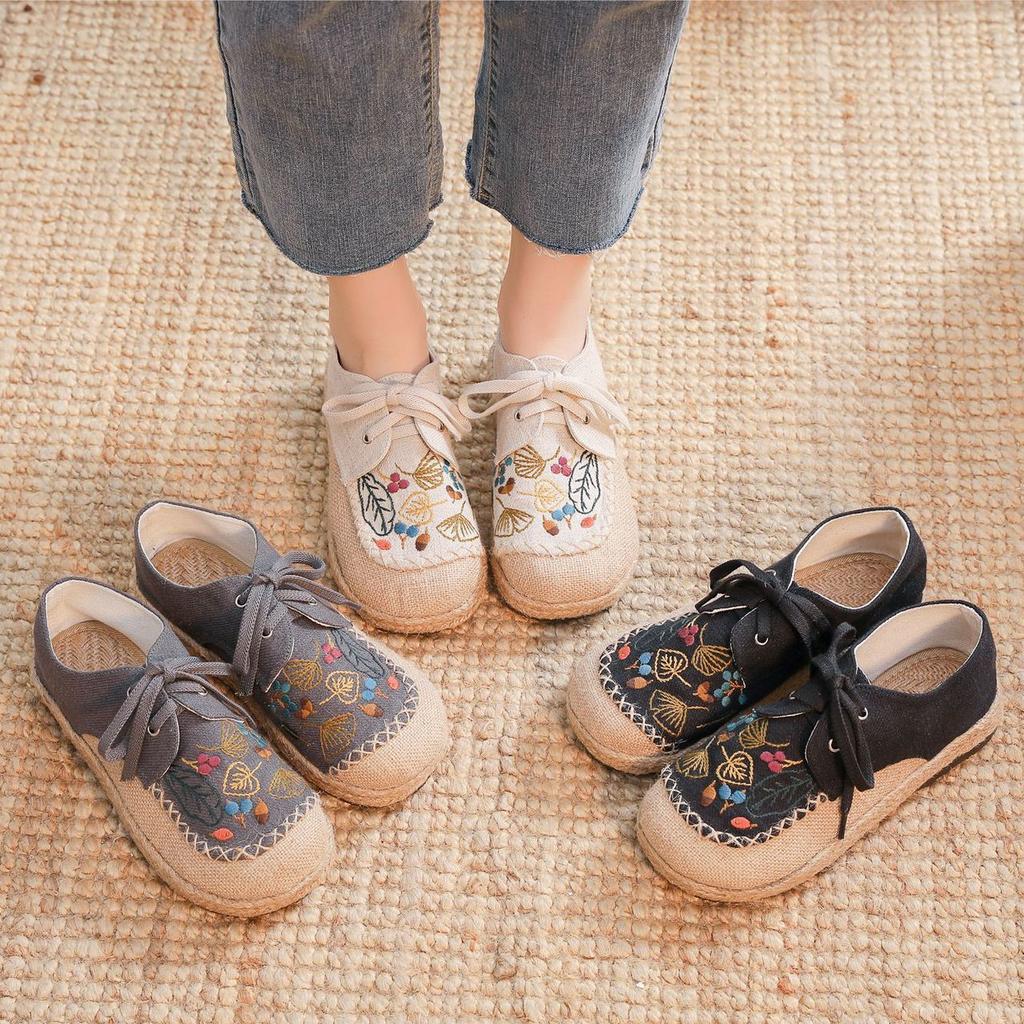 Johnature Cotton Linen Flats Women Shoes Lace-up Spring Round Toe Embroider Concise Comfortable Handmade Ladies Shoes