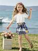 Two-piece Casual and Stylish Summer Set for Girls: Lantern Sleeve Solid Color T-shirt and Loose Shorts.