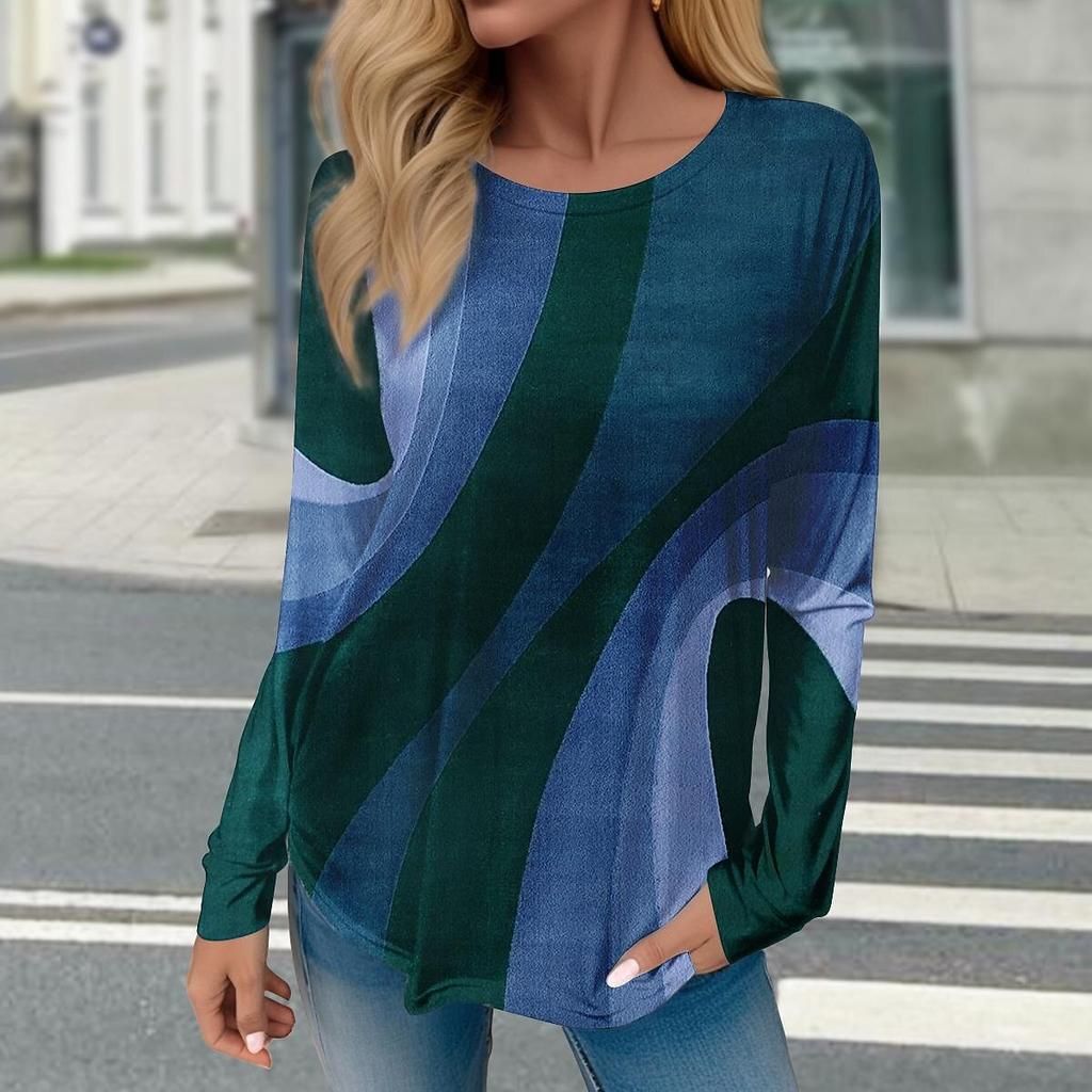 Women Geometric Print Winter Cotton T Shirt Contrast Vintage Long Sleeve Printed Loose Shirts Top Spring Autumn Elegant Lady Tee