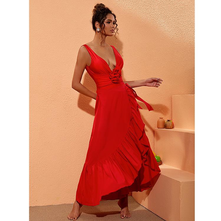 2024 Sexy One Piece Swimsuit For Women 3D Flower Swimwear With Skirt V Neck Bathing Suit Monokini Beach Bodysuit Beach Wear