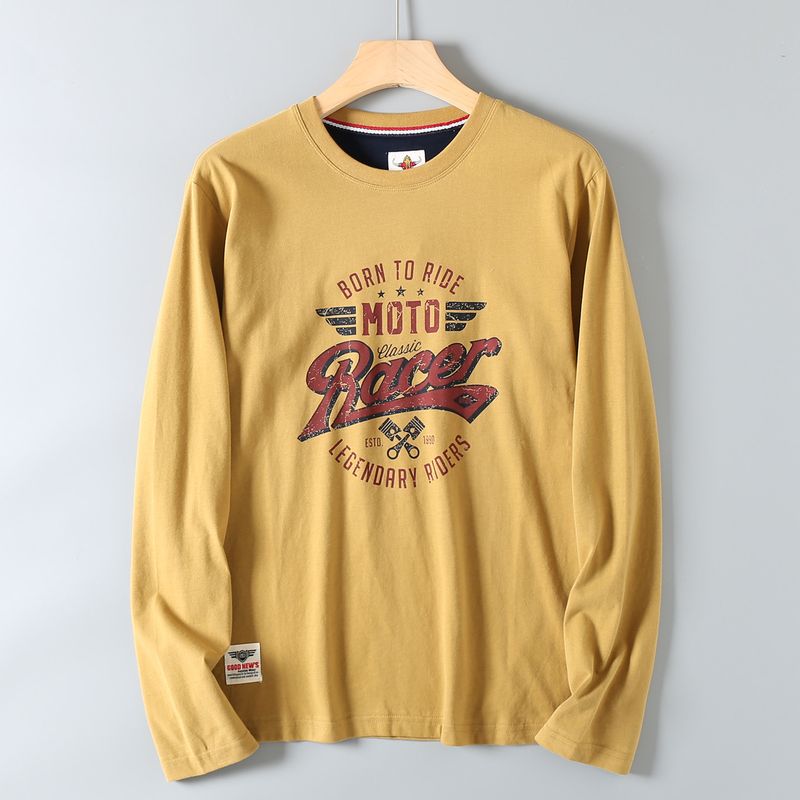 Export Surplus Washed Brushed Cotton Men's Autumn Vintage Print Round Neck Breathable Long-Sleeve T-Shirt
