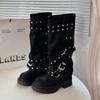 Ботильоны-чулки черные с заклепками женские 2025 новые круглый носок нишевый дизайн ботинки на толстой подошве рыцарские ботинки