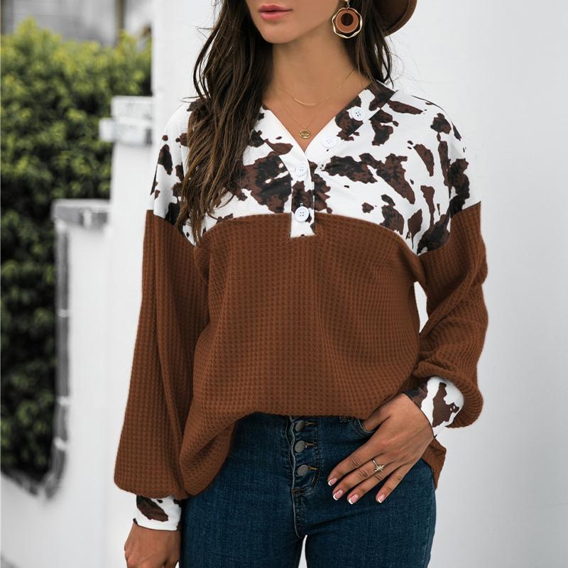 Women's Loose Top Casual Leopard Print Button Long Sleeves