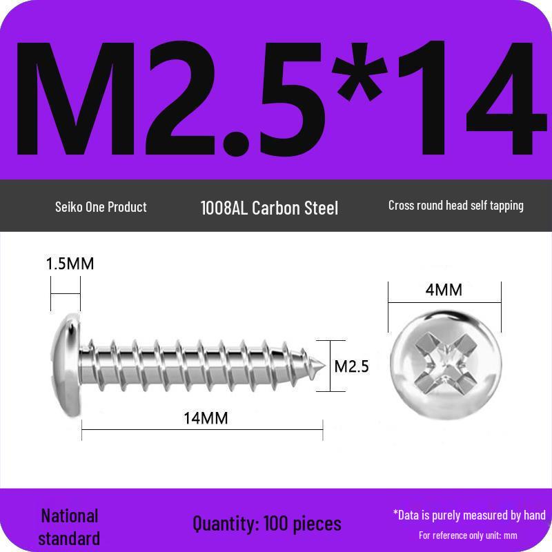 Galvanized Self-Tapping Screws, Round Head, White Zinc, PA Cross Pan, Pointed Tail M1.2-M4