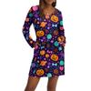Women's Fashionable V-neck Long Sleeved Drawstring With Pocket Halloween Printed Casual Dress