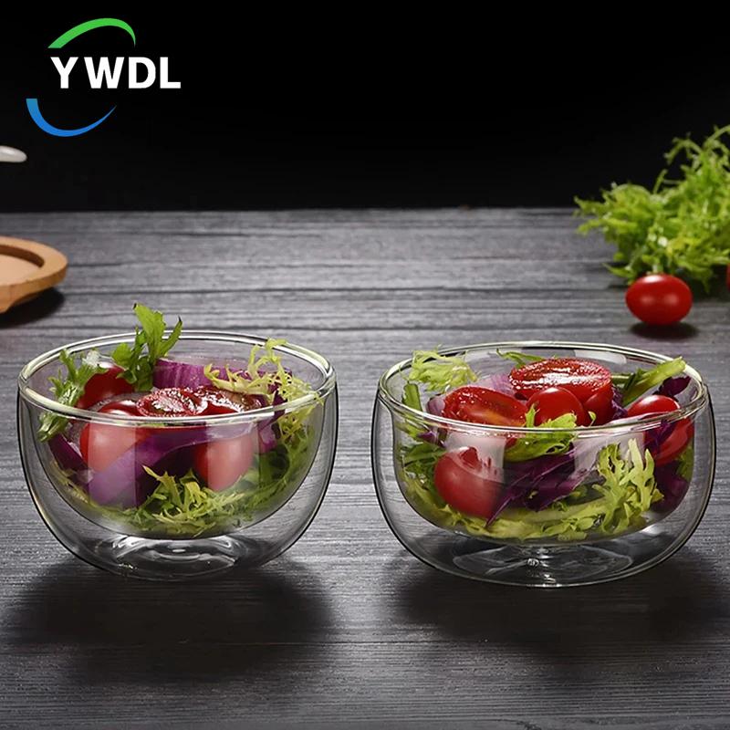 YWDL 300/500ml Clear Double Layer Glass Bowl Heat-resistant Fruit Salad Bowl Kitchen Glassware For Soup Cereal Dessert Bowls