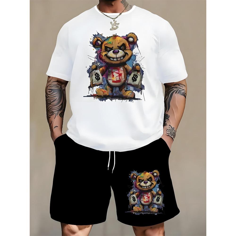 Summer Everyday Casual Men's Short Sleeve Shorts Set Colorful Bear Print Men's T-shirt And Colorful Graffiti Print Shorts Set