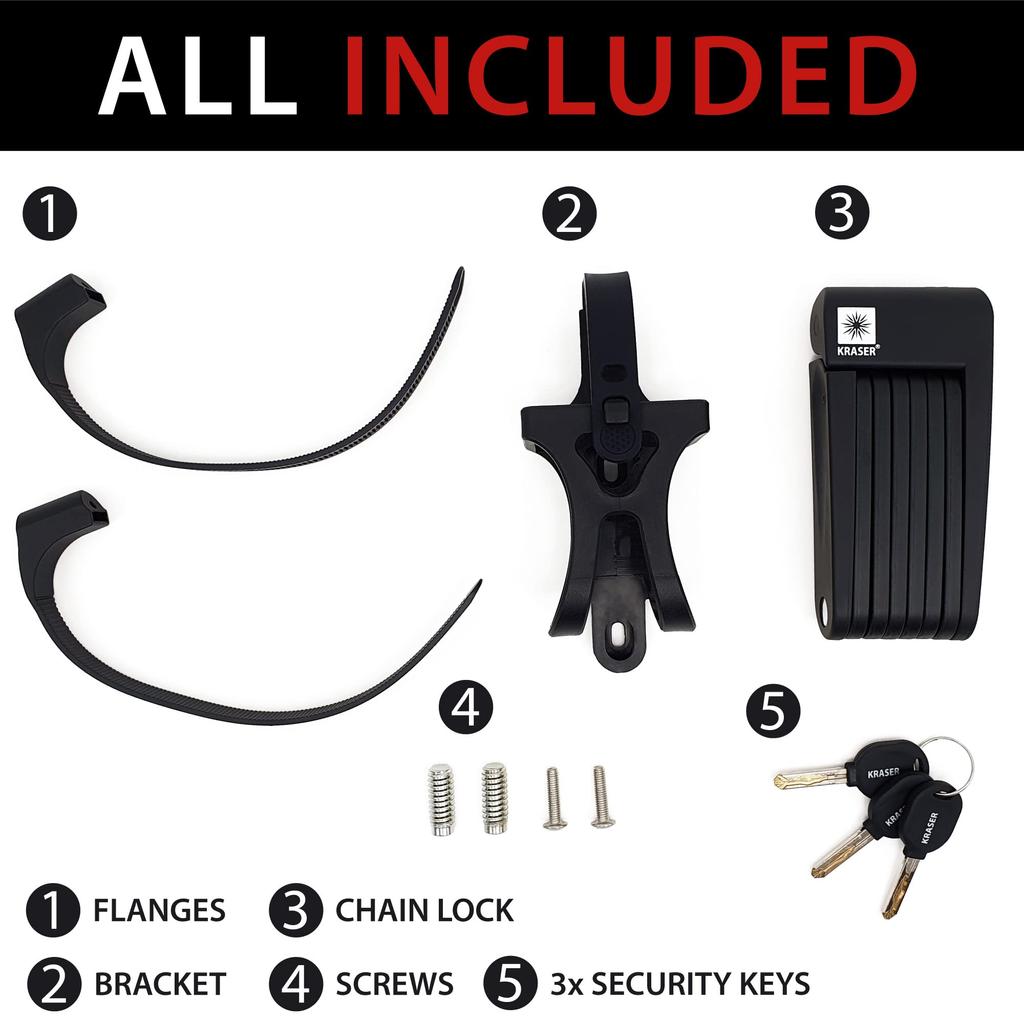 KRASER KR7022B Bicycle Chain Foldable Bike Portable Motorcycle Lock Electric Scooter Piton with Bracket Bicycle Lock Helmet Saddle Safety Helmet Lock