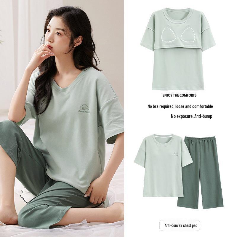 Женский летний капри-пижамный комплект 2025: Тонкий хлопок с коротким рукавом и нагрудными вкладышами, универсальный для ношения дома или на улице