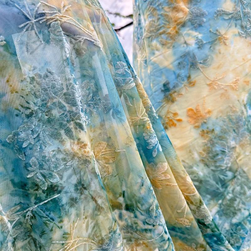 1 ярд Океанский зеленый цвет Кружевная ткань с tie-dye и флоком, вышивка по трафарету, жаккард, велюр, африканские тюлевые ткани для платья, DIY одежды