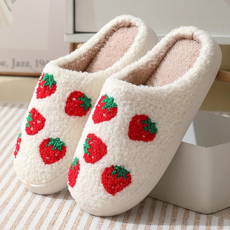 Home Cute Cartoon Strawberry Winter Cotton Slippers for Men and Women's Couples Thick Sole Warm Cotton Slippers